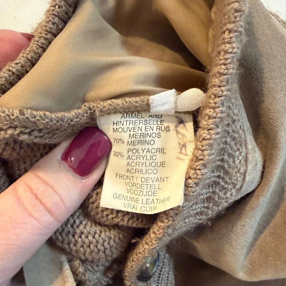 Norm Thompson Tan Suede Trim Wool Cable Knit Grandpa Cardigan Vintage Size L